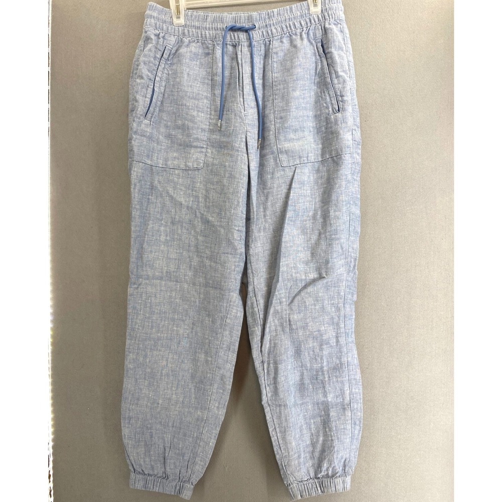 Athleta Womens 8 RETREAT Blue Linen‎ Drawstring Jogger Pants Elastic Pockets